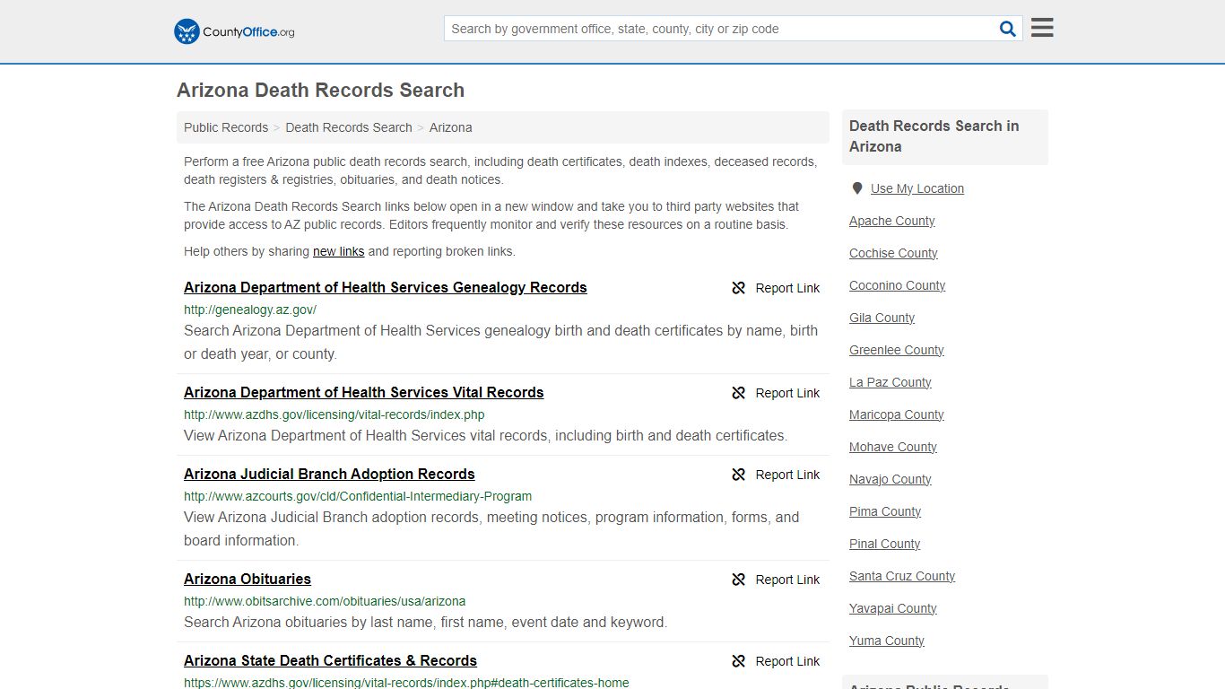 Arizona Death Records Search - County Office